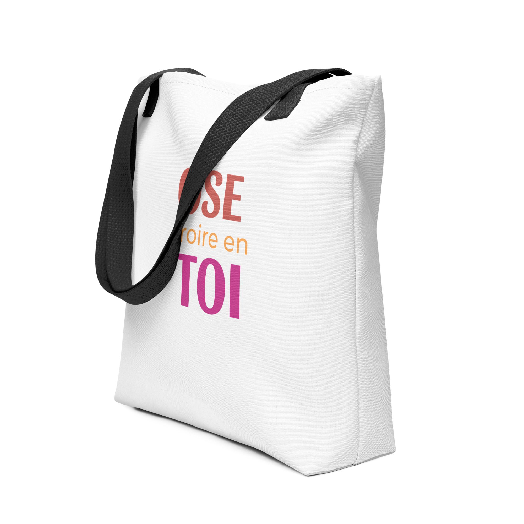 tote bag blanc à anse noir, orange ou rouge " ose croire en toi "